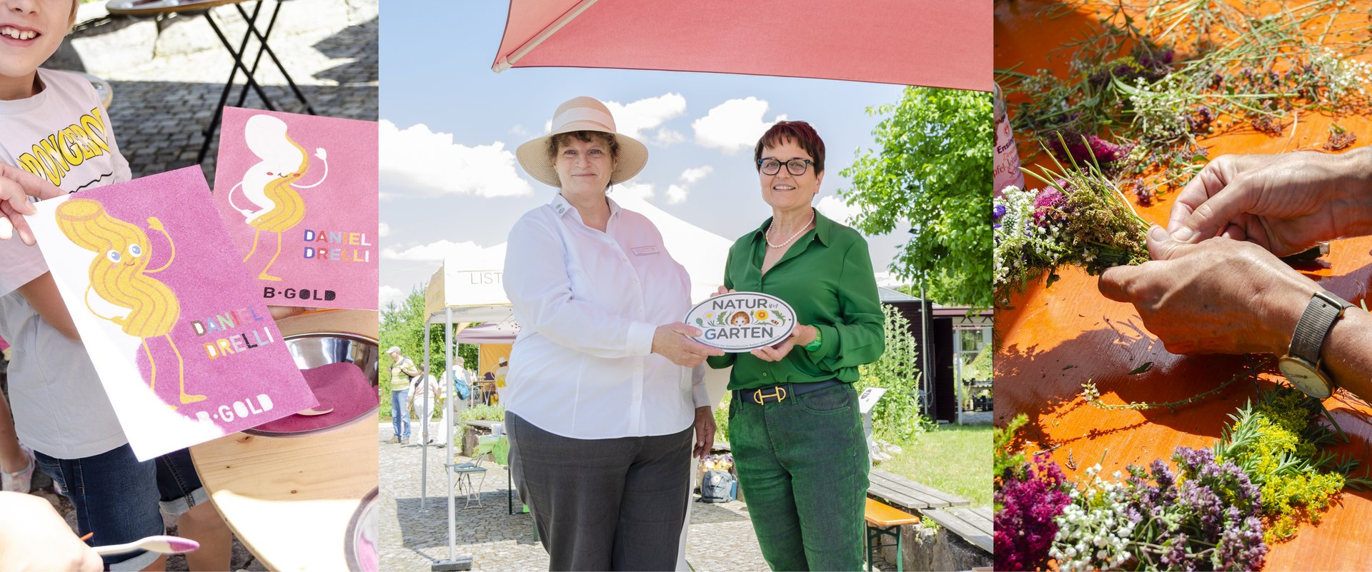 Zwei Personen unter einem Sonnenschirm halten ein Schild mit der Aufschrift 'Natur im Garten' bei einer Veranstaltung im Freien