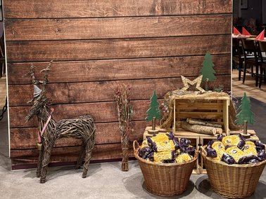 Dekoration mit Holzrückwand, geflochtenem Rentier, zwei Körben mit gelben und lila Stoffen, Holzsternen und kleinen grünen Tannenbäumen