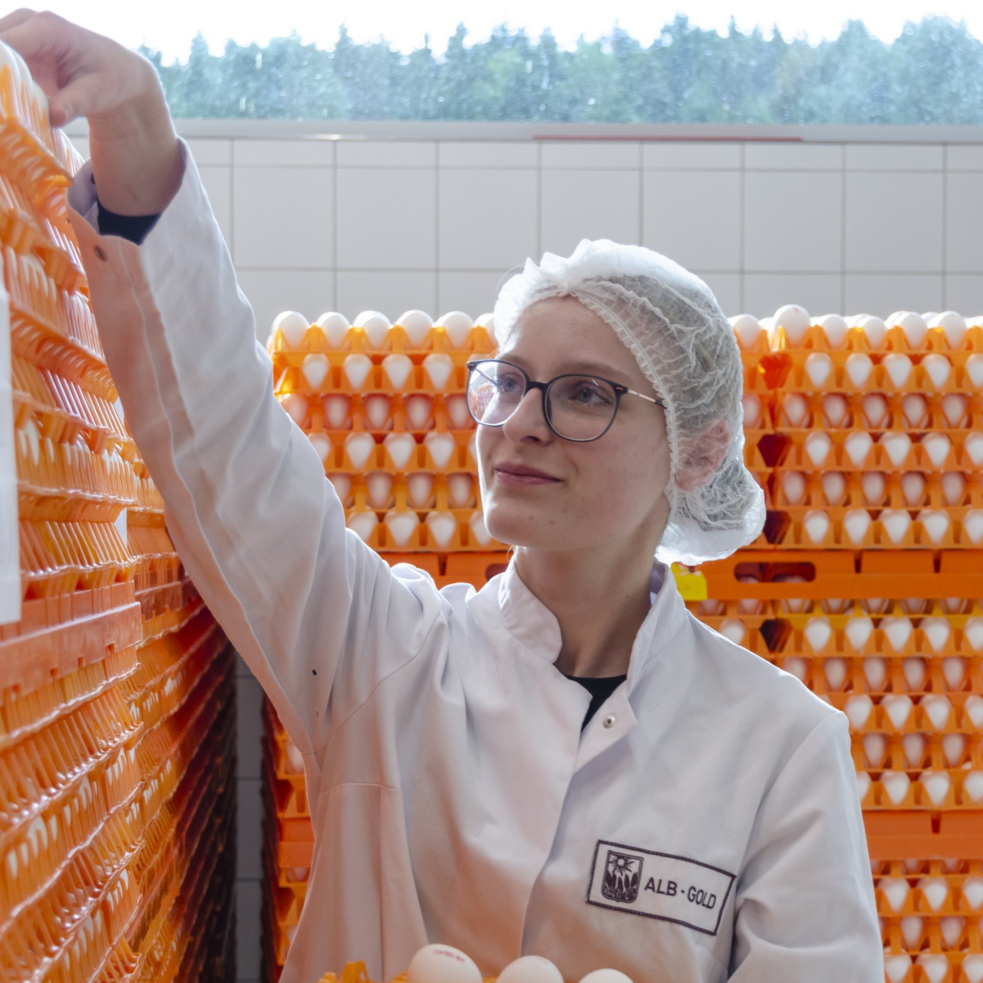 Person in weißem Kittel und Haarnetz greift nach Eiern in orangefarbenen Kunststoffkisten in einem Lagerraum.