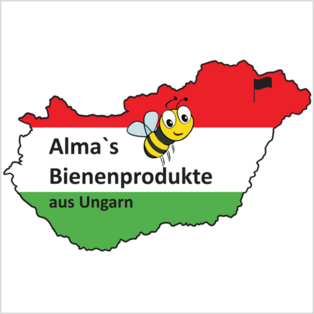 Umriss von Ungarn in den Farben Rot, Weiß und Grün mit einer gelb-schwarz gestreiften Biene und dem Text 'Alma´s Bienenprodukte aus Ungarn'