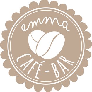 Rundes Logo mit gezacktem Rand, zwei Kaffeebohnen in der Mitte, Schriftzug 'emma CAFÉ-BAR' in geschwungener und Großbuchstaben-Schrift.