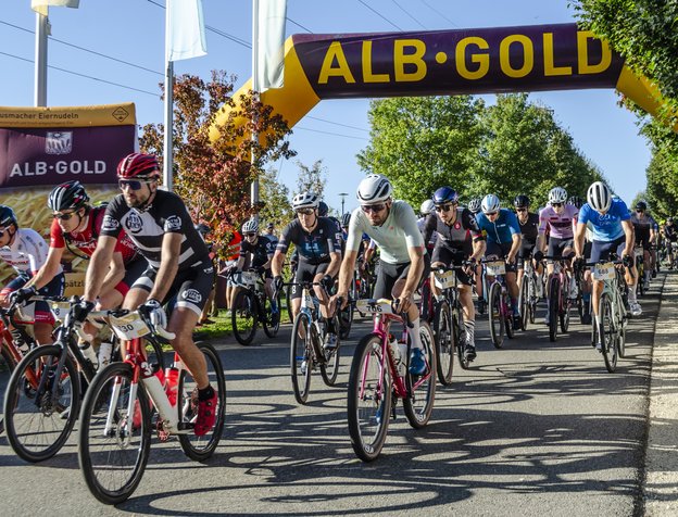 Radfahrer in Sportkleidung und Helmen fahren auf einer Straße unter einem gelb-braunen Banner mit der Aufschrift 'ALB-GOLD'.