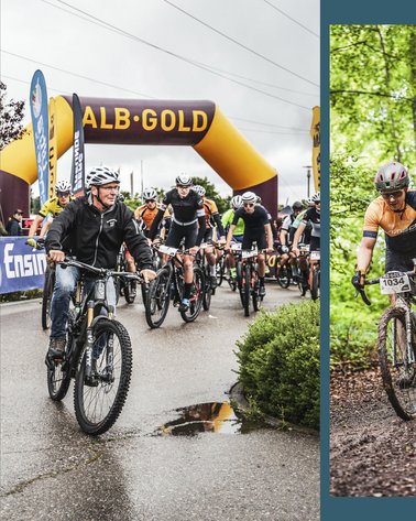 Radfahrer starten bei der ALB-GOLD Trophy unter einem gelb-schwarzen ALB-GOLD Startbogen.
