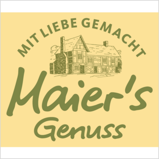 Logo mit Schriftzug 'Maier's Genuss' und dem Text 'Mit Liebe gemacht' über einer Zeichnung eines Hauses.