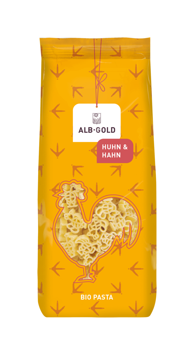 Verpackung der Bio Pasta in Huhn & Hahn Form