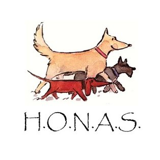 Drei Hunde in Seitenansicht, ein großer gelber mit rotem Halsband, ein mittelgroßer schwarzer mit blauem Halsband und ein kleiner roter, darunter der Text 'H.O.N.A.S.'