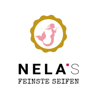 Logo mit einer stilisierten Meerjungfrau in einem goldenen Siegel und dem Schriftzug 'Nela's Feinste Seifen'