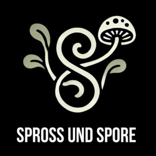 Stilisierte Grafik mit einer Spirale, einem Pilz und zwei Blättern über dem Text 'SPROSS UND SPORE' auf schwarzem Hintergrund
