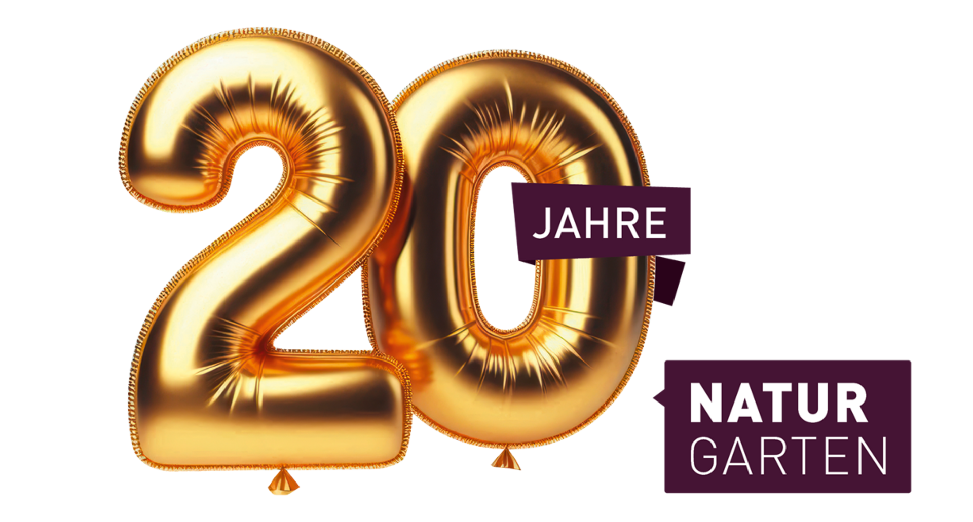 Goldene Luftballons in Form der Zahl 20 mit Text 'Jahre Natur Garten' Goldene Luftballons in Form der Zahl 20 mit Text 'Jahre Natur Garten'