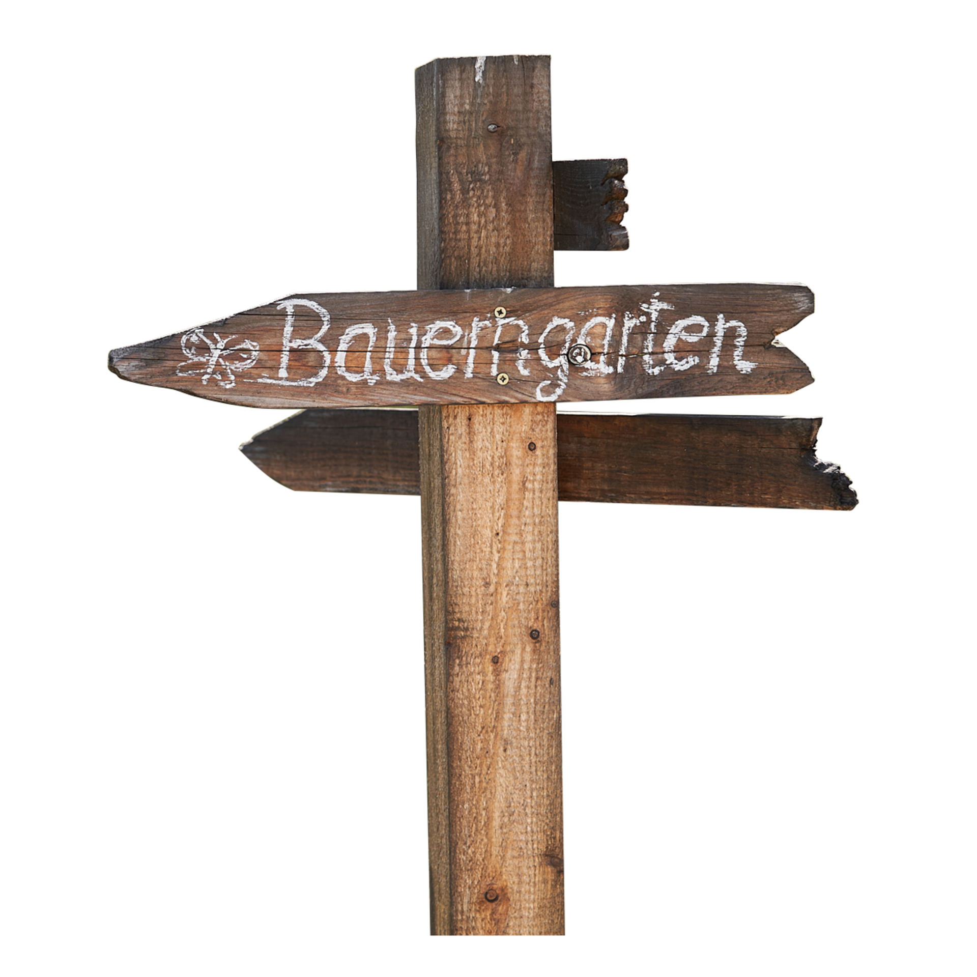 Holzwegweiser mit der Aufschrift 'Bauerngarten' in weißer Kreide
