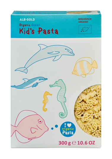 Verpackung der Kids Pasta in Ocean Ausformung.