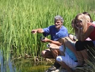 Eine Gruppe von Kindern und Erwachsenen beobachtet die Natur am Teich.