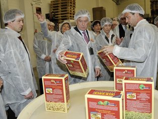 Eine Gruppe von Menschen in Schutzkleidung bei einer Produktionsbesichtigung, im Vordergrund sind Faltschachteln zu sehen.