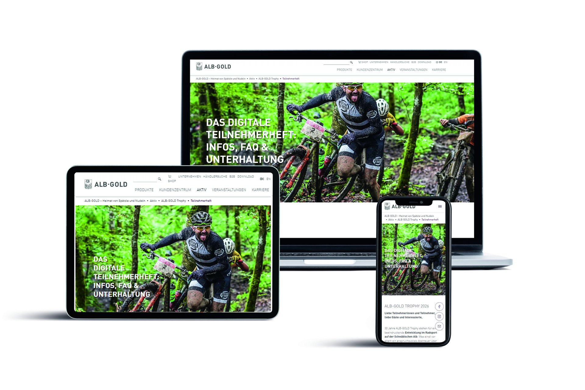 Ein PC, ein Tablet und ein Smartphone welche die Website von ALB-GOLD zeigen.