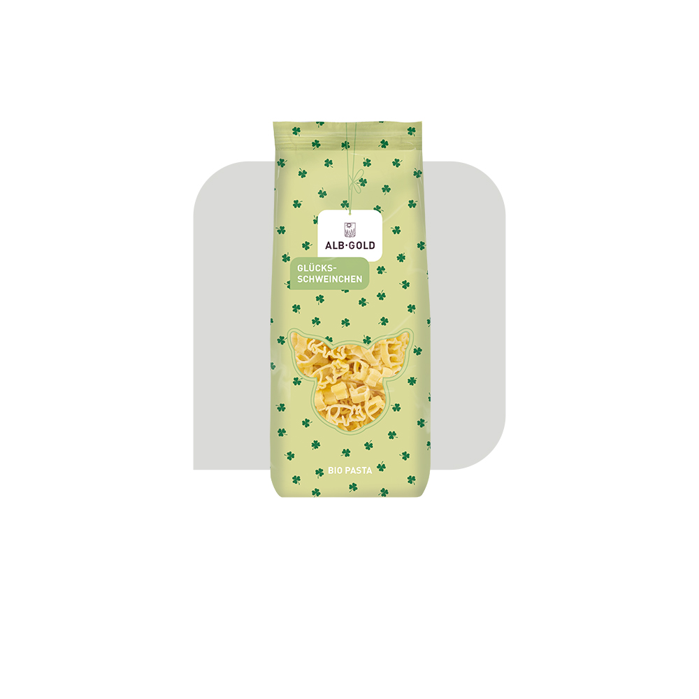 Packshot der Glücksschweinchenpasta von ALB-GOLD