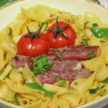 Broad Noodles with spiced butter and baked tomatoes